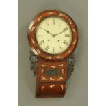 A Victorian rosewood wall clock, with two train movement, the case inlaid with mother of pearl.