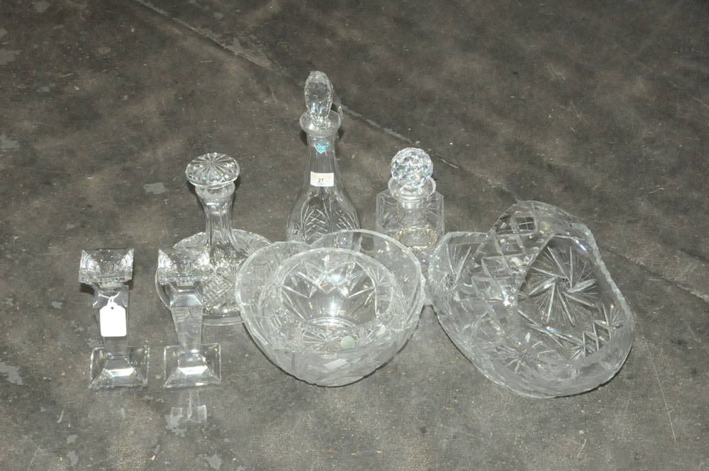 Selection of glassware, cut glass decanters,