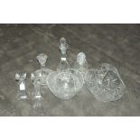Selection of glassware, cut glass decanters,