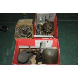 Two boxes of scales and weights, primus stove, brass jam pan,