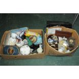 Two boxes of ornaments, cigarette cards, albums, deed box,