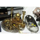 Silver plated galleried tray, brass candlesticks, carriage clock,