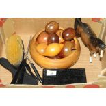 Wooden bowl of fruit, Beswick horse ornament,