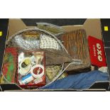 Box of fishing accessories, landing net,