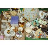 Two boxes of ornaments, figurines, part tea set,
