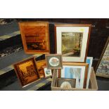 Box of pictures and inlaid wooden plaques