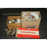 Monopoly game and two boxes of ceramics, ornaments,