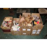 Four boxes of soft toys mostly teddy bears