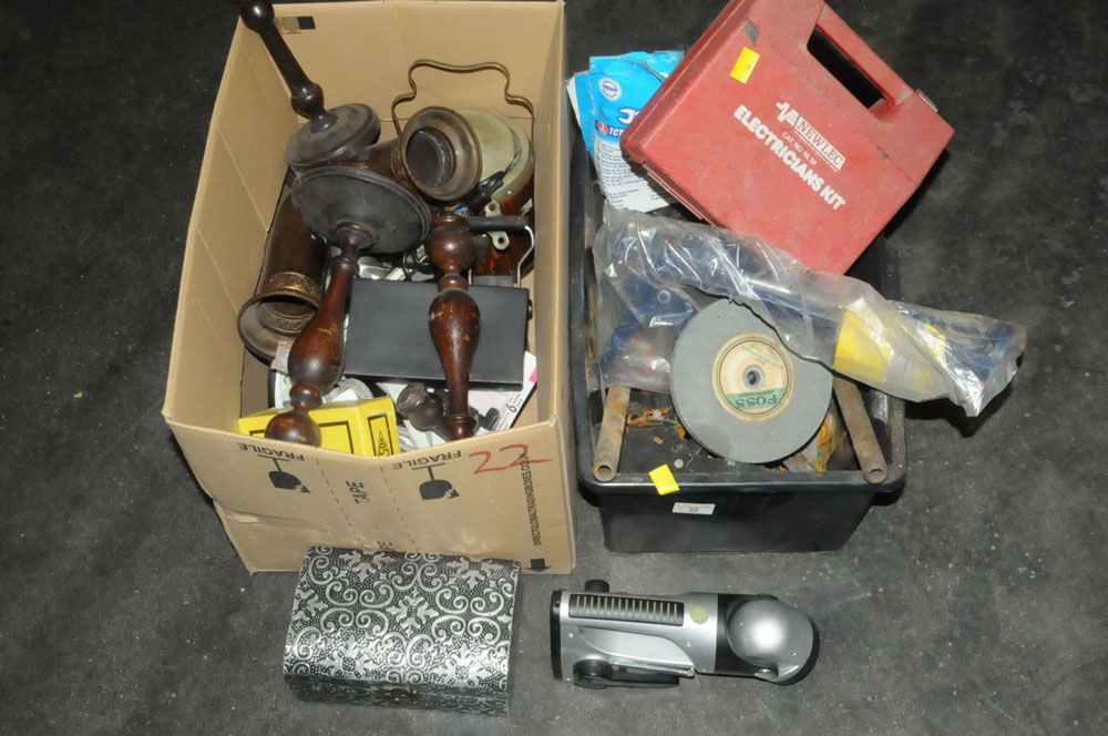 A box of tools and a box of candlesticks, biscuit barrel,