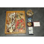 Tray and tin of costume jewellery