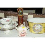 Clock in the form of a miniature longcase clock, Crown Staffordshire bowl and cake stand,