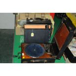 Portable gramophone (possibly maxitone) and a selection of 78 records