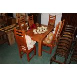 Heavy wood table and six high back dining chairs