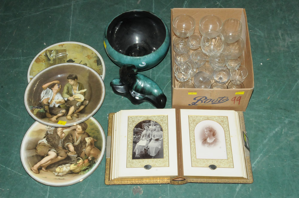 Box of glassware and Victorian photograph album,