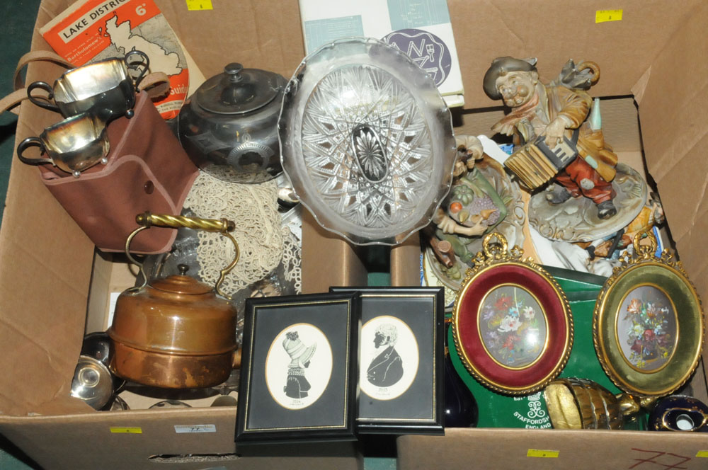 Two boxes brass ware, copper ware, boxed camera,