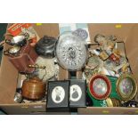 Two boxes brass ware, copper ware, boxed camera,