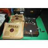 HMV portable gramophone and selection of 78 records