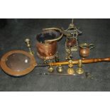 Copper bed warmer and a box of brass ware, coal receiver,
