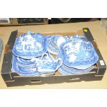 Box of blue and white willow pattern dinnerware and tea ware