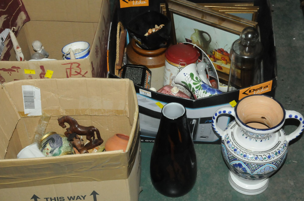 Three boxes of china, pictures, glassware,