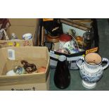 Three boxes of china, pictures, glassware,