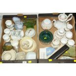 Two boxes of part tea sets, costume jewellery, jugs,