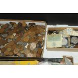 Two boxes of UK and World bank notes and coins