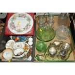 Two boxes of glassware, decorative plates,