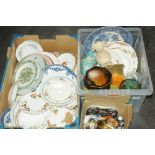 Two boxes of decorative plates, glassware, vases,