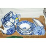 Box of blue and white china, teapots,