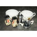 Two chamber pots, pair of oriental style vases,