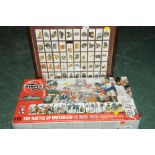 Framed set of players cigarette cards & box Airfix battle of Waterloo figures