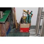 Quantity of hand tools and garden tools including a log splitter, saws,