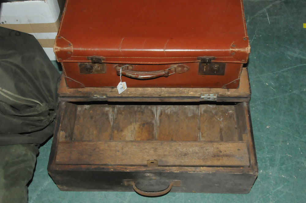 Wooden joiners box and a vintage suitcase