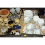 Two boxes of kitchenware, mortar and pestle, soup bowls and plates, goblets,