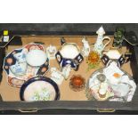Box of decorative plates, oriental tea bowls, crested ware,