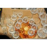 Inlaid tray and a collection of crystal and cut glass wine glasses