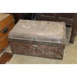 A tin trunk with shaped corners measuring 37 cm tall x 63 cm long