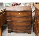 A walnut veneered reproduction 4 drawer chest of drawers with serpentine outline and measuring 83