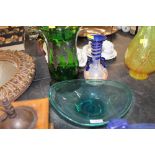A blue art glass dish together with 2 vases