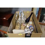 A box of Lladro style ornaments, plated candelabra,