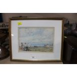 A framed and mounted watercolour of kite flying