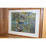 A framed and mounted print of fishing boats by the artist David Hill