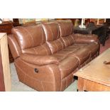 A modern stitched brown leather reclining 3 seater settee