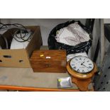 A 19th century mahogany tea caddy, a modern pine Quartz wall clock, three Yacht Club dishes,