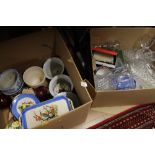 2 boxes of mixed ceramics and glassware to include Scotch Ivory kingfisher patterned plates,