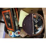 A box of vintage collectibles to include a late 19th century metal tin,