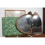 2 gilt framed mirrors, a framed silkwork embroidery,