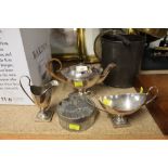 A silver plated tea pot and other silver plated items