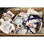 A shoe box containing mixed ceramics to include miniature Staffordshire animals,